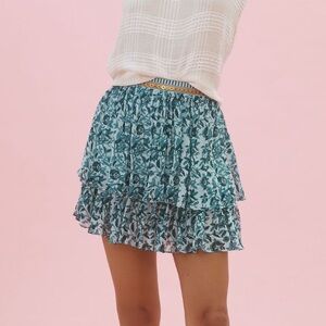 NWT - Anthropologie Nikasha turquoise floral tier short skirt‎ with beading.